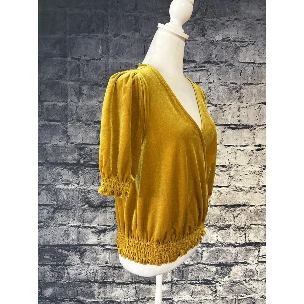 Madewell Blouse Womens Small Gold Velvet Wrap V Neck Top Puff Sleeve Smocked Hem
